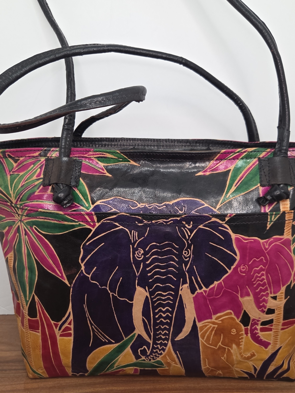 VTG Hand-Painted Genuine Leather Elephant Tote Bag in Black and Multicolor